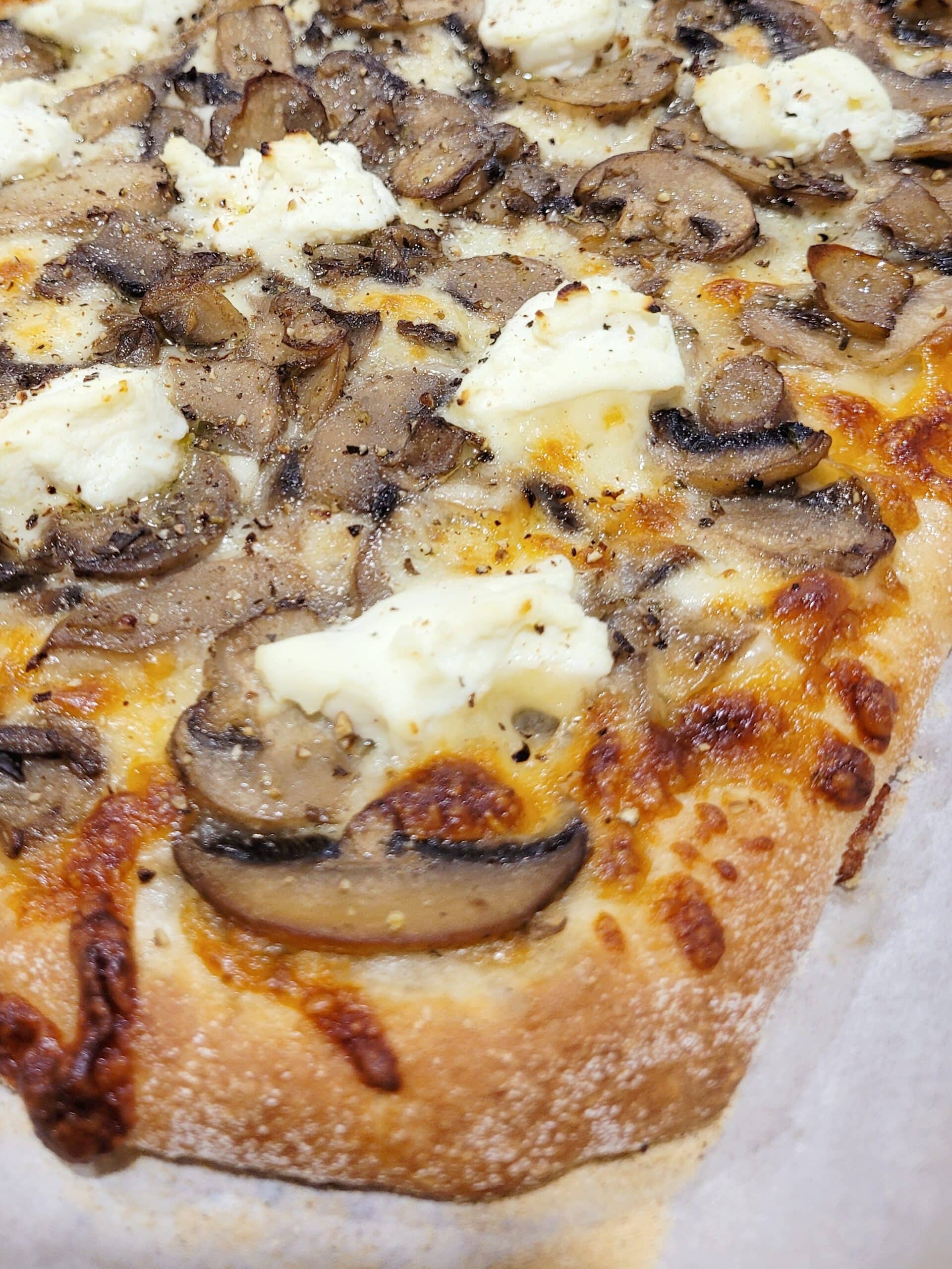 Close up shot of the crust of a white mushroom pizza.